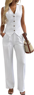 Women's 2 Piece Linen Vest and Wide Leg Pants Set (Style 7YCS)