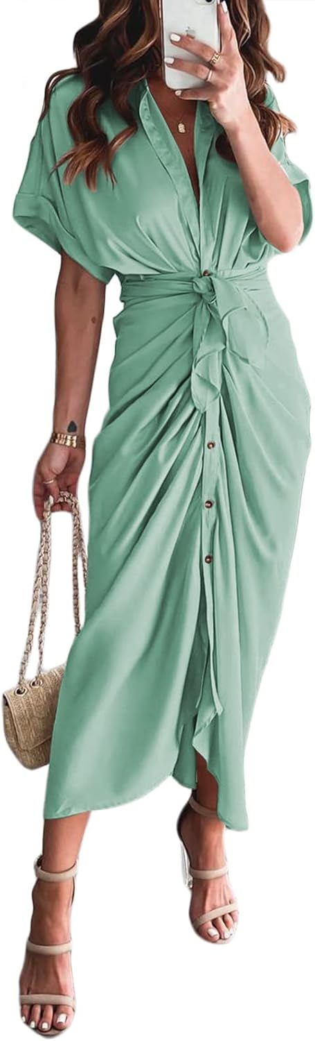 Elegant Satin Button Down Short Sleeve Maxi Shirt Dress for Women