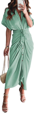 Women Elegant Satin Button Down Short Sleeve Maxi Shirt Dress Clothing