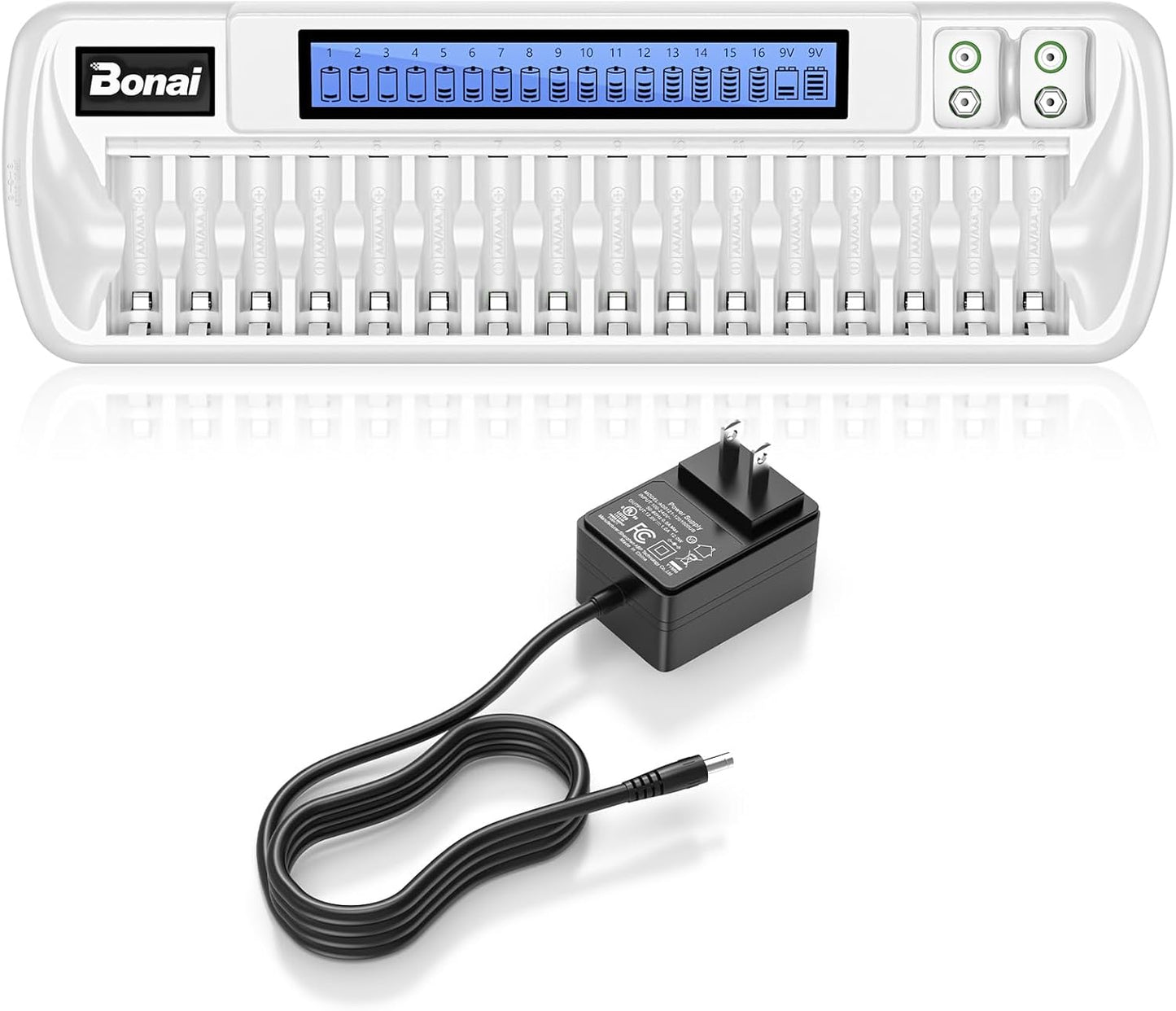 Bonai Smart LCD Battery Charger - Independently Control 18 Batteries - White