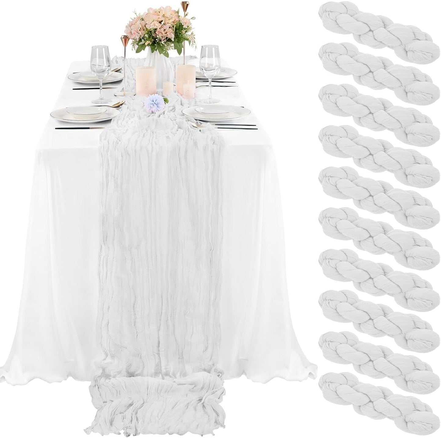 10 Pcs White Cheesecloth Table Runner for Wedding Decor