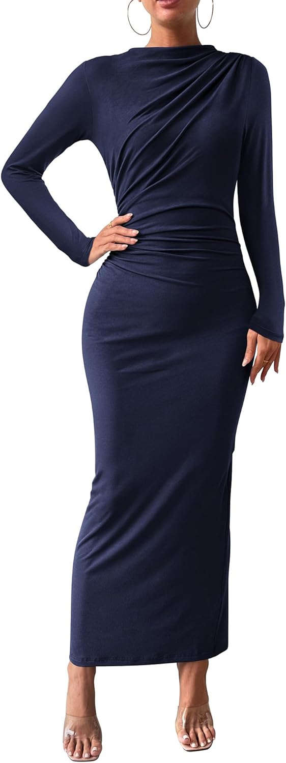 Elegant Bodycon Maxi Dress with Long Sleeves and Back Slit