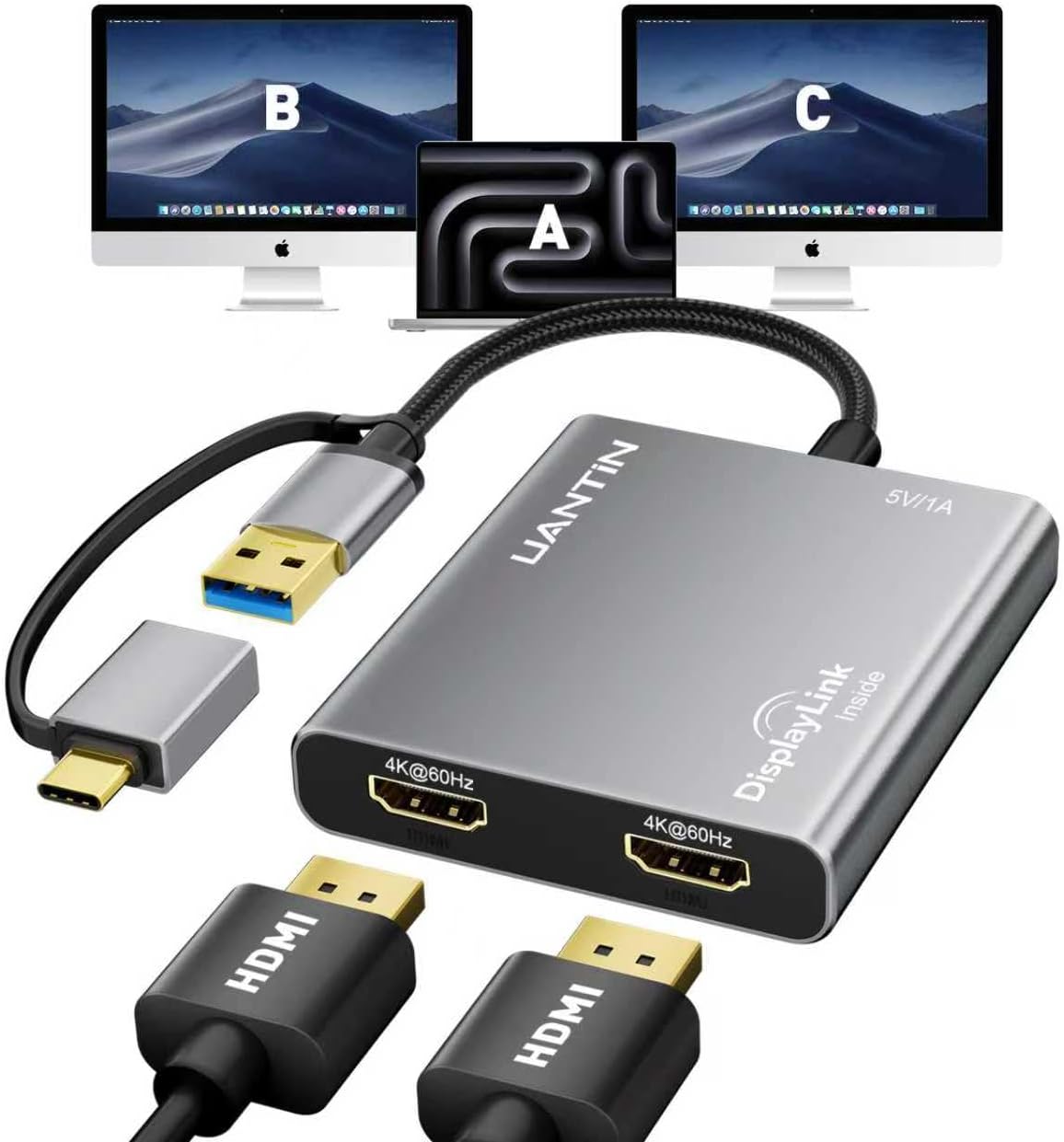 USB C to HDMI Adapter for Mac M1/M2/M3 - Dual 4K DisplayLink