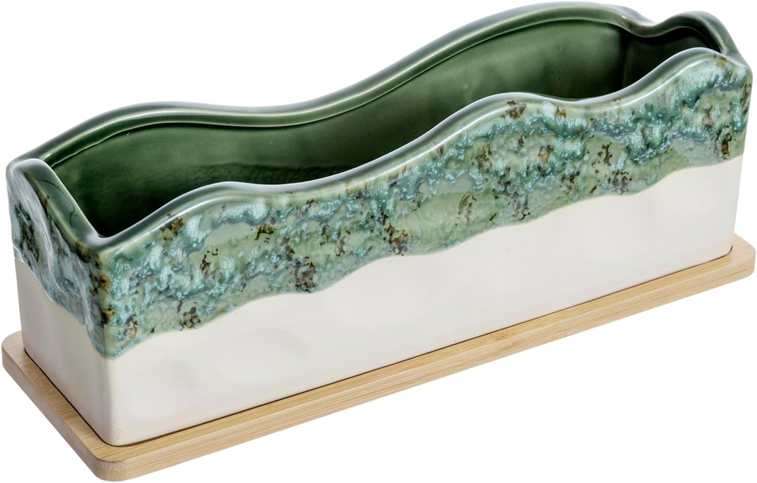 Large Rectangular Succulent Planter with Bamboo Tray - Seafoam Green