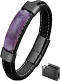Men's Black Leather Bracelet with Natural Stone - Dual-Gender Style