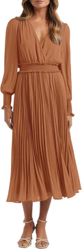 PRETTYGARDEN Womens Wrap V Neck Midi Dress for All Occasions