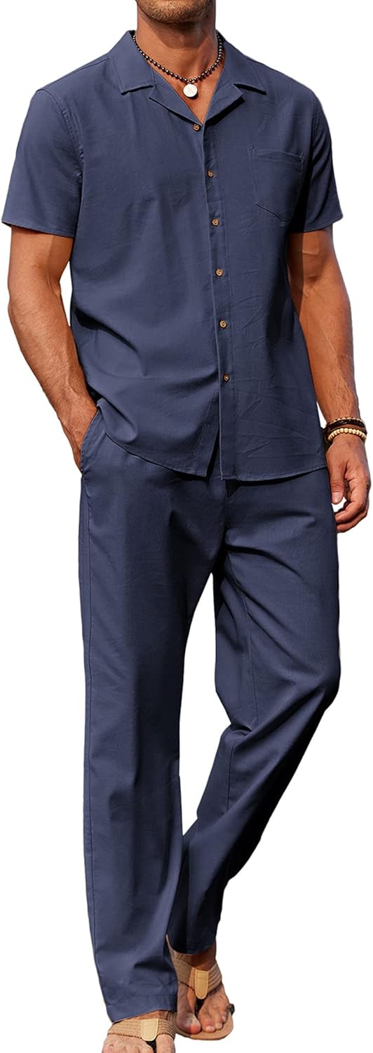 COOFANDY Men 2 Piece Linen Outfit for Beach and Casual Wear
