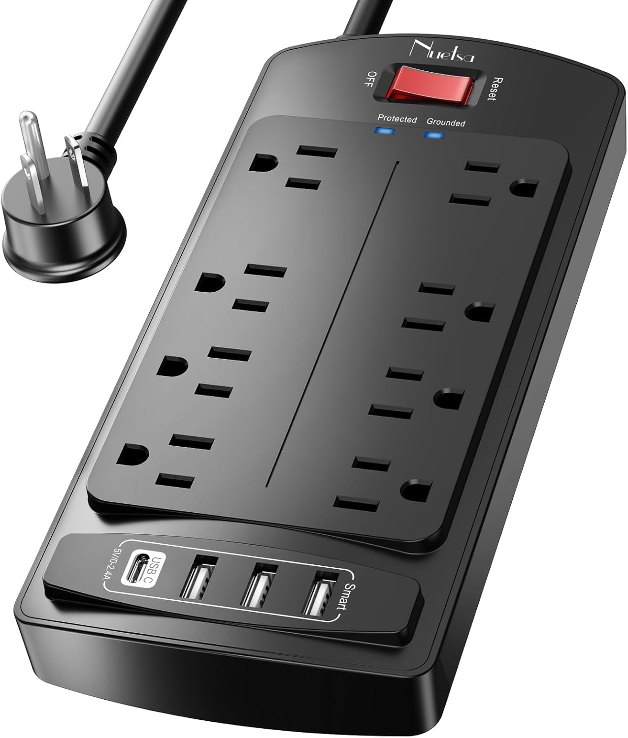 Nuetsa Power Strip: 10ft Cord, 8 Outlets, 4 USB Ports