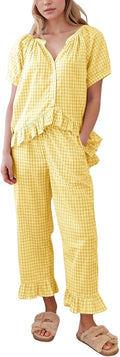 Womens Plaid 2 Piece Pajamas Set Cotton Gingham Babydoll Top