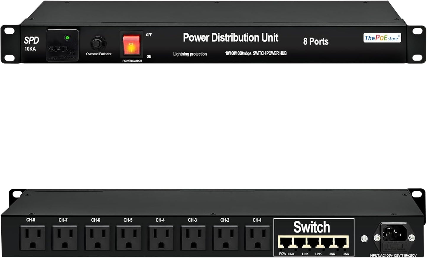 1U PDU Rackmount Power Strip with 8 Outlets & Ethernet Switch