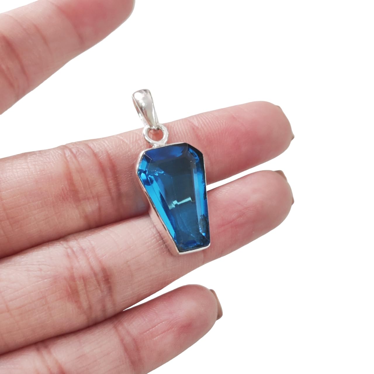 Natural Blue Topaz Pendant in 925 Sterling Silver Coffin Shape