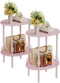 Small Round Side Table Set of 2 - Compact Two-Tier Nightstand