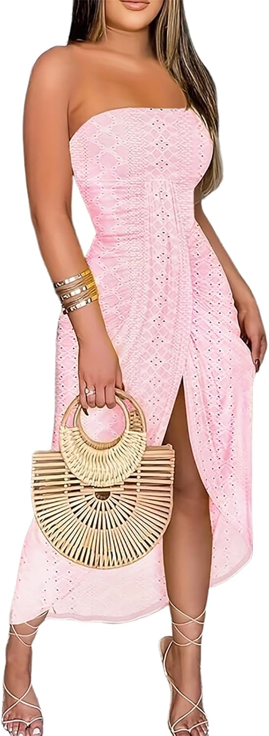 Strapless Maxi Bodycon Dress with Asymmetrical Hemline for Summer