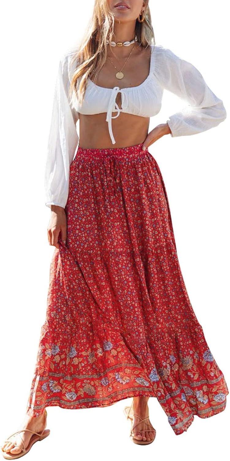 ZESICA Women's Bohemian Floral Printed A Line Maxi Skirt