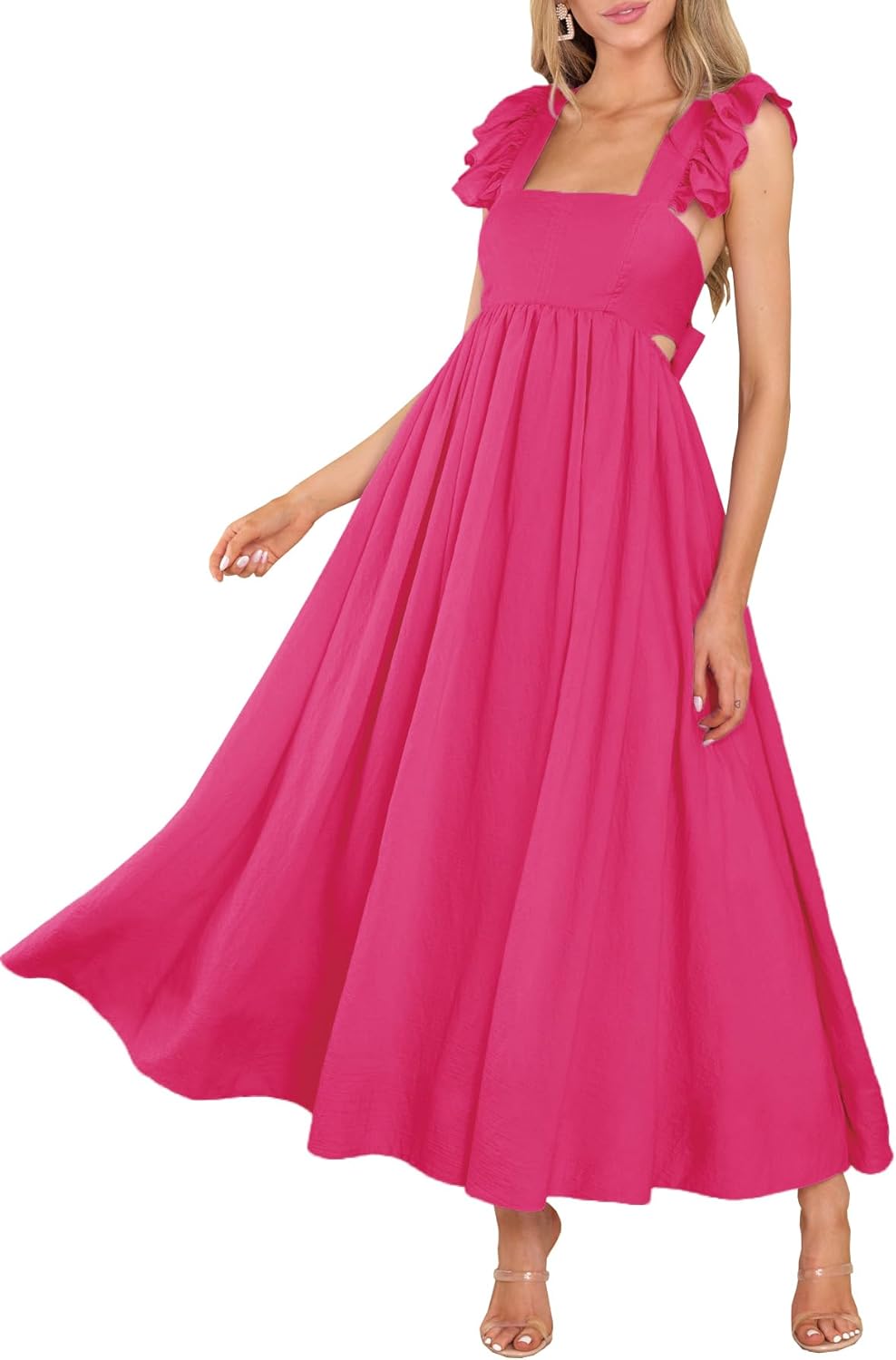 Stylish Summer Flutter Sleeve Square Neck Maxi Dress with Pockets