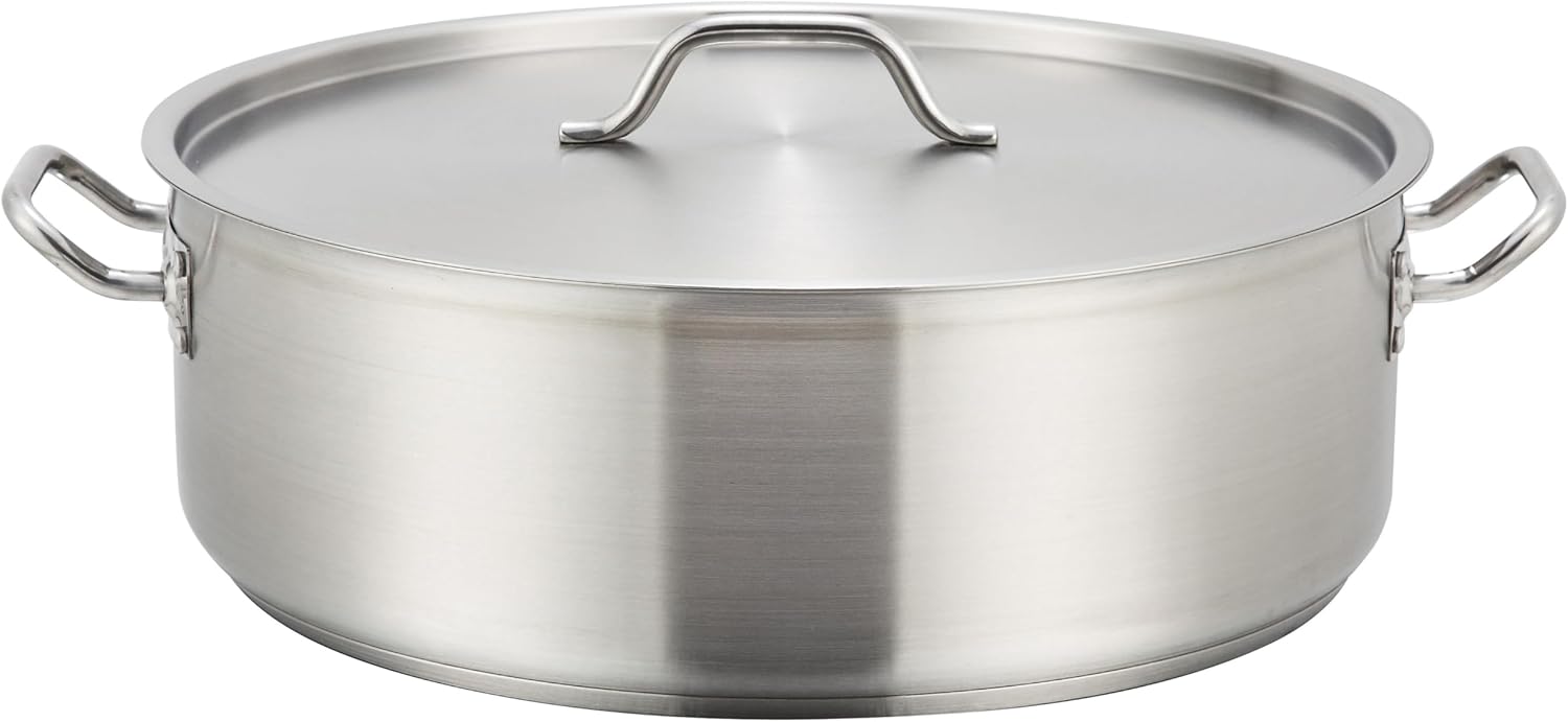 Winco Commercial-Grade 15 Quart Stainless Steel Brazier with Lid