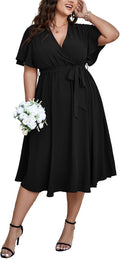 SCOMCHIC Plus Size Wrap V Neck Midi Dress - Flowy Wedding Guest Option