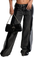 Womens Jeans High Waisted Wide Leg Striped Patchwork - Comfortable Fit