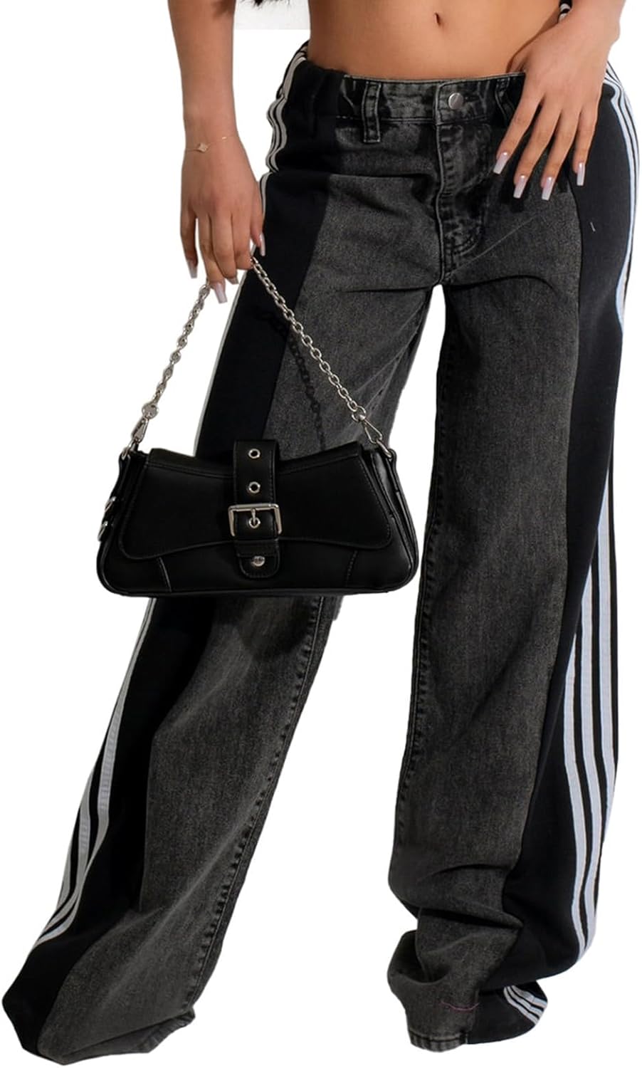Womens High Waisted Wide Leg Striped Patchwork Denim Pants