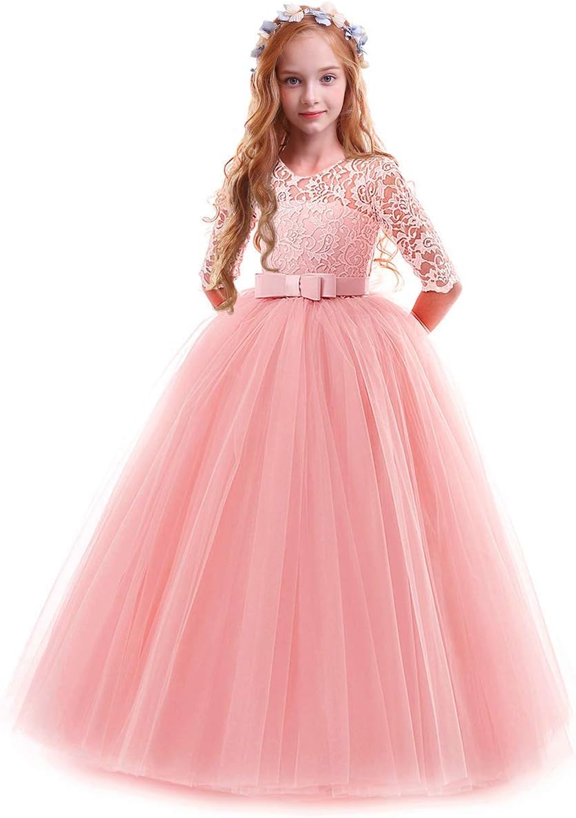 Girls Flower Vintage Floral Lace 3/4 Sleeves Dress for Parties