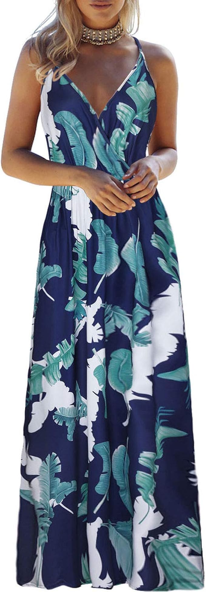 OUGES Womens Summer Deep V Neck Floral Adjustable Maxi Dress