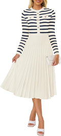 Womens Long Sleeve Striped Midi Sweater Dress - Ribbed Pleated Fit
