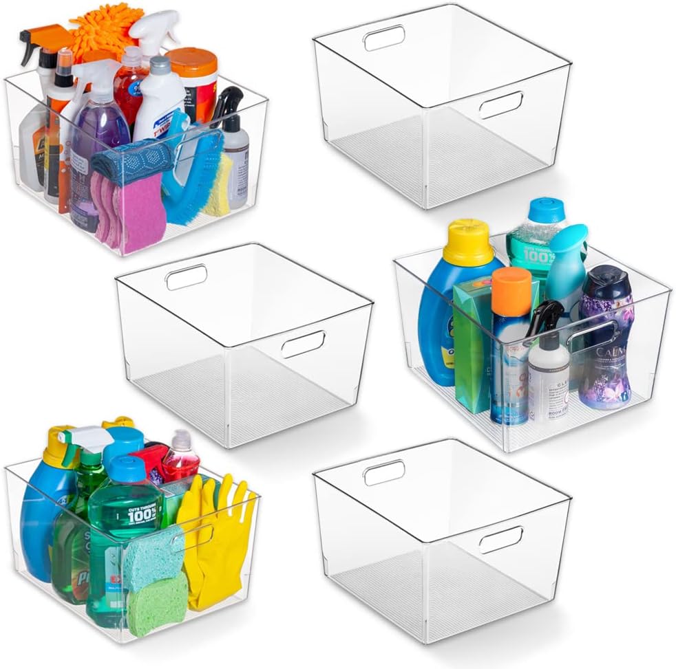 Clear Plastic Storage Bins XL 6 Pack for Kitchen Organization