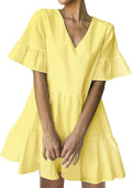 Womens Cotton Blend V Neck Ruffle Sleeve Shift Dress - Casual Mini