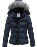 Women's Hooded Quilted Puffer Coat - Removable Fur Hood, Warm