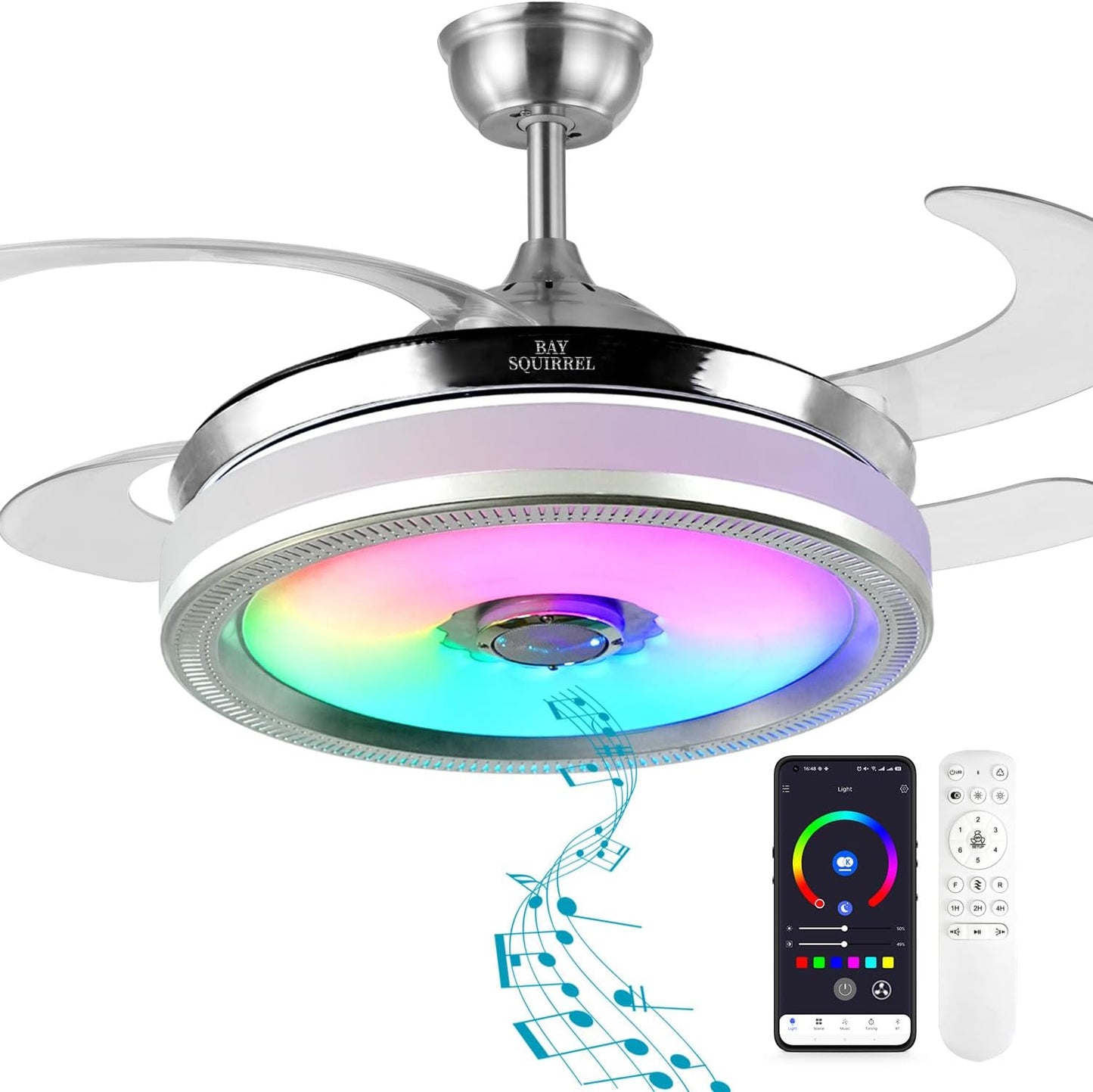 Retractable Bluetooth Ceiling Fan with Light and Speaker Features