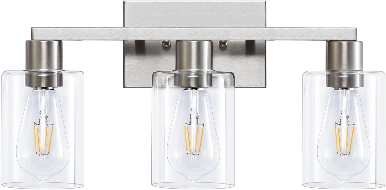3-Light Brushed Nickel Vanity Lights with Clear Glass Shade