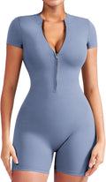 Women Short Sleeve Workout Jumpsuit Zip Up Romper - Bodycon