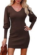 V Neck Rib Knit Sweater Dress - Slim Fit Embroidered Back Mini