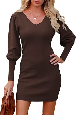 BTFBM Women Pullover Sweater Dress V Neck Long Sleeve Mini