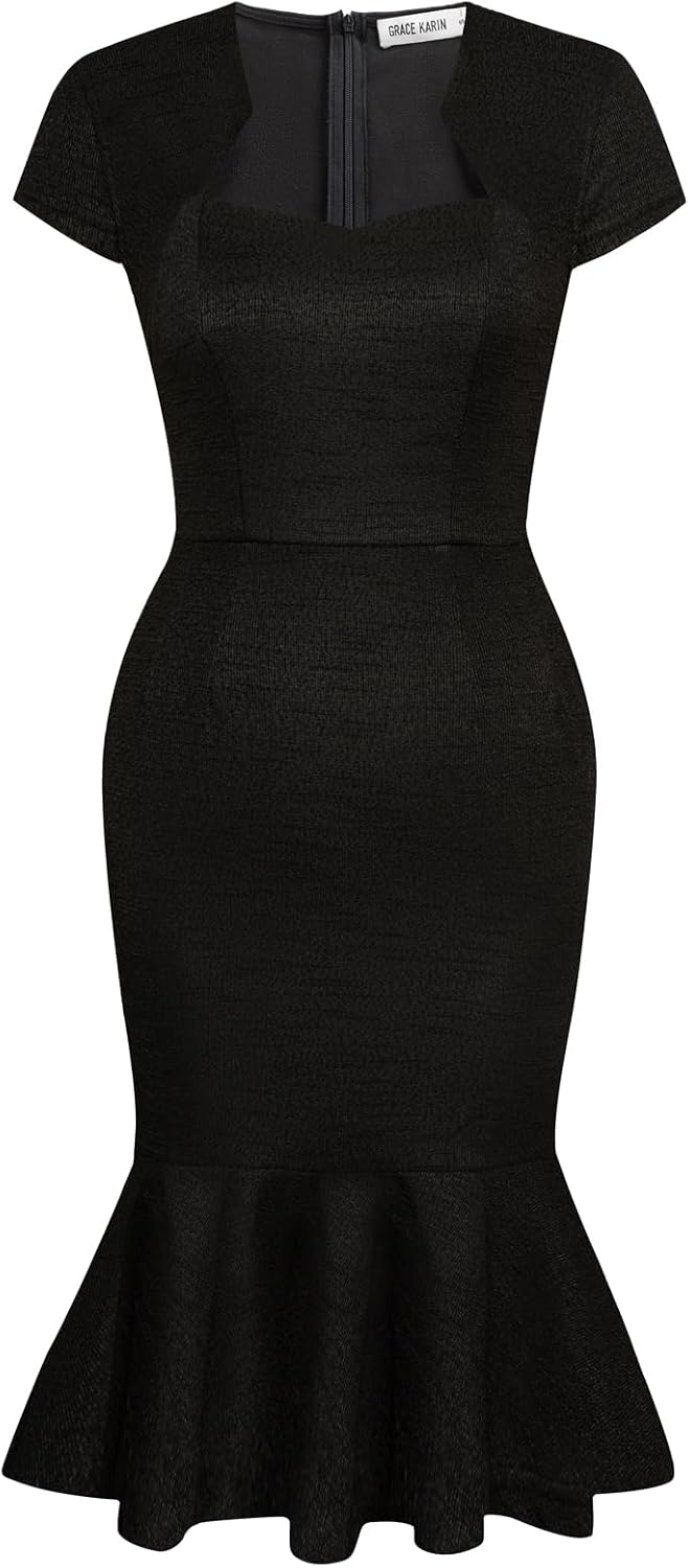 Elegant Cap Sleeve Fishtail Tweed Cocktail Bodycon Dress Review