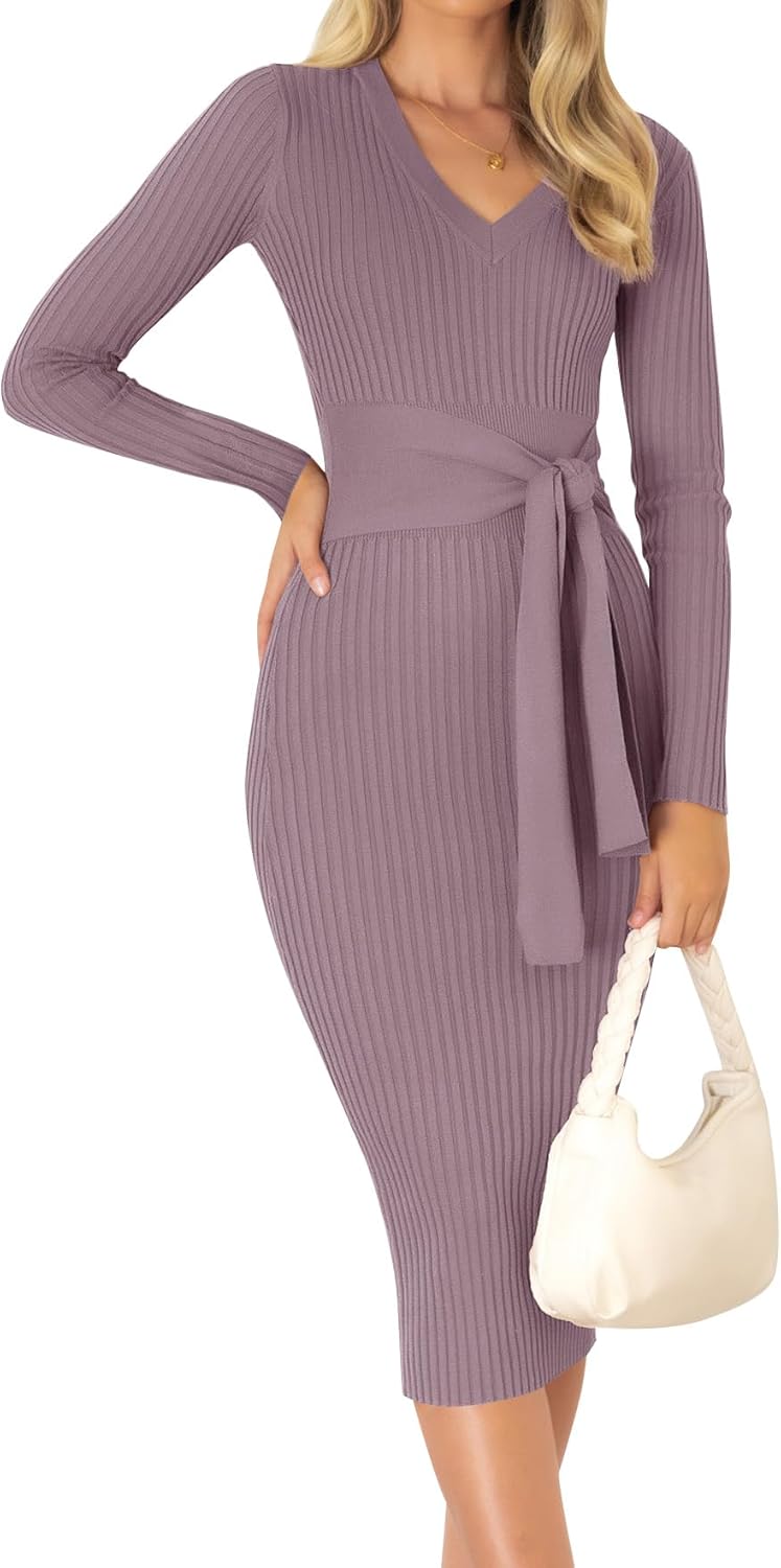 ZESICA Women's Fall Sweater Dress V Neck Long Sleeve Midi
