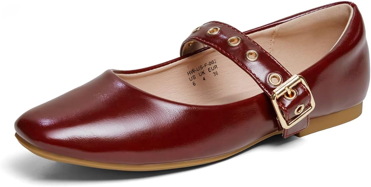 Trendy Red Mary Jane Shoes Women Ballet Flats with Strap Buckle