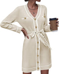 Pink Queen Long Sleeve Button Down Sweater Dress - Elegant V Neck Mini