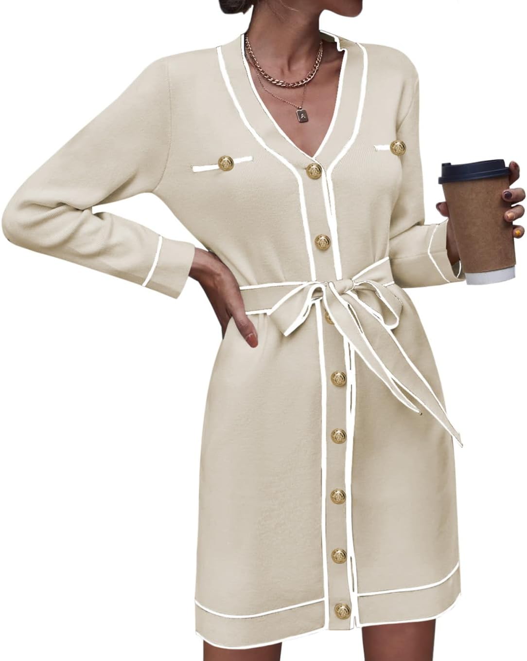 Pink Queen Women's Long Sleeve Button Down Sweater Dress