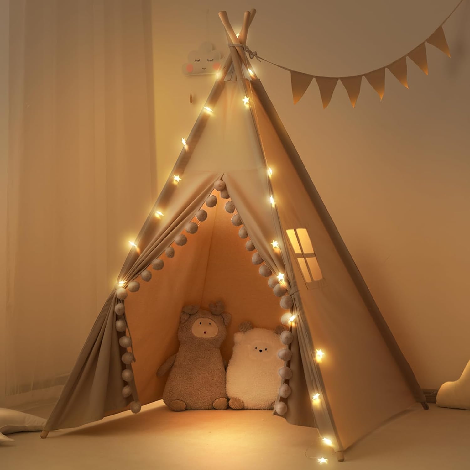 Foldable Kids Teepee Tent with Lights - Machine Washable & Carry Bag - Sparkling Indoor Fun!
