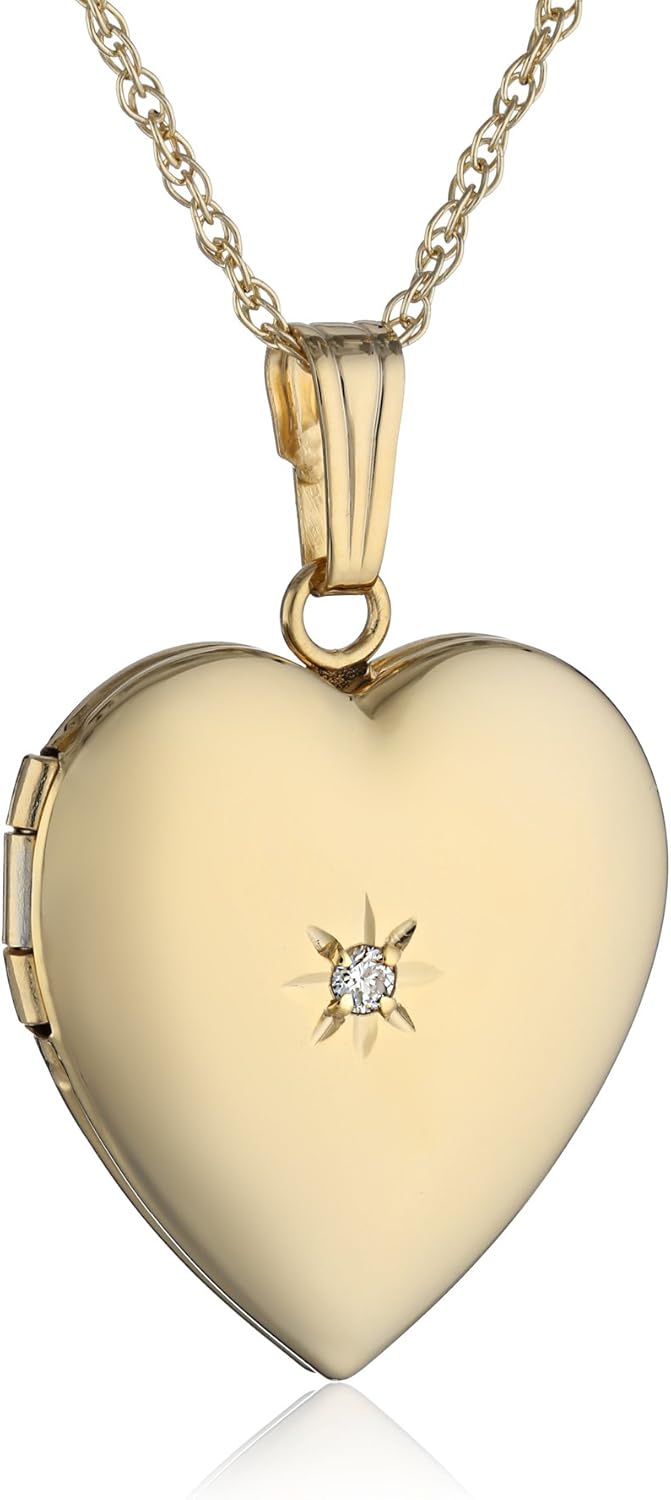 14k Yellow Gold Heart Locket Necklace with Diamond-Accent