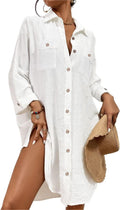 Womens Linen-Texture Swim Cover Up Shirt Dress - Short Front, Long