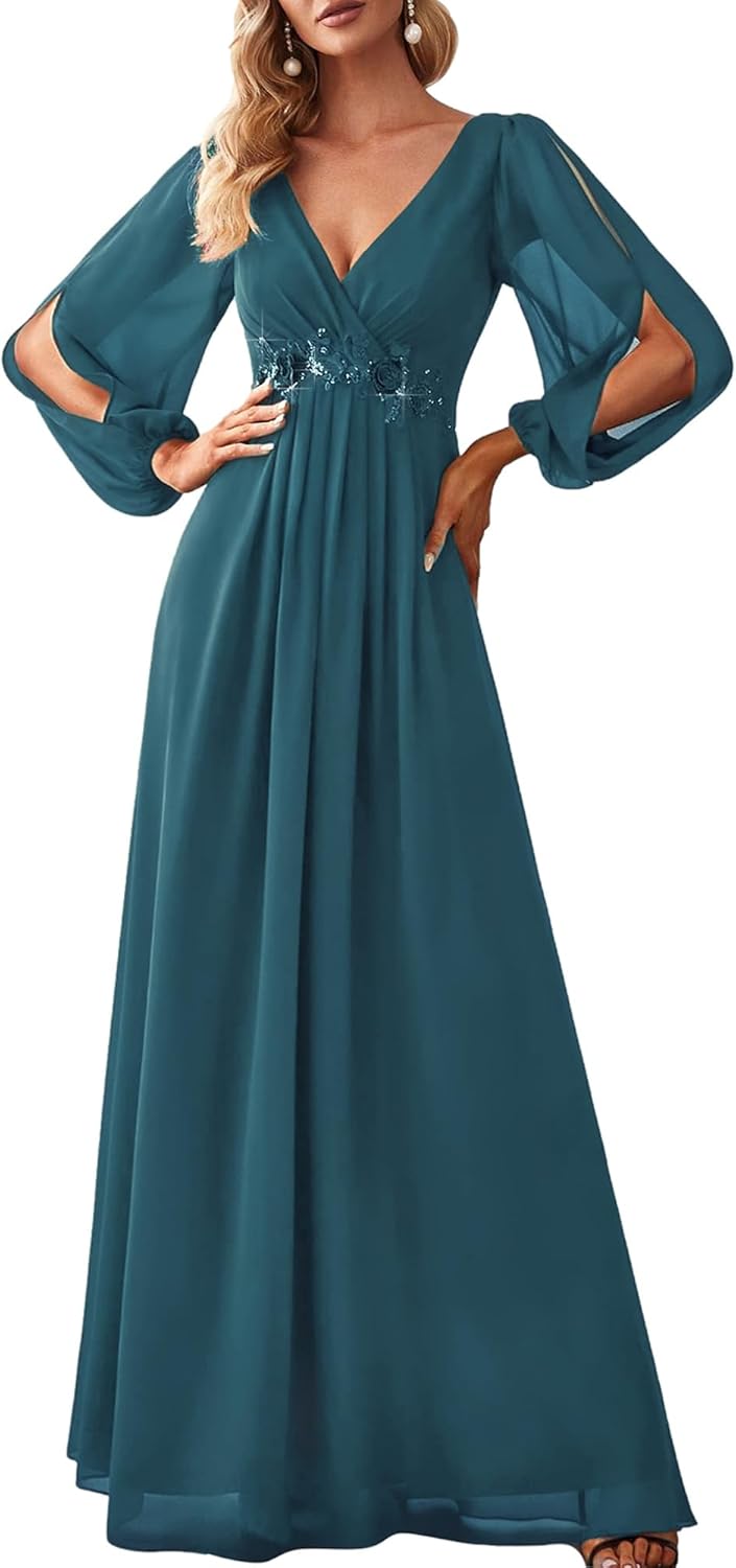 Elegant V Neck Long Lantern Sleeve Chiffon Evening Dress