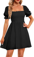 Holipick Square Neck Smocked Puff Sleeve A-Line Dress