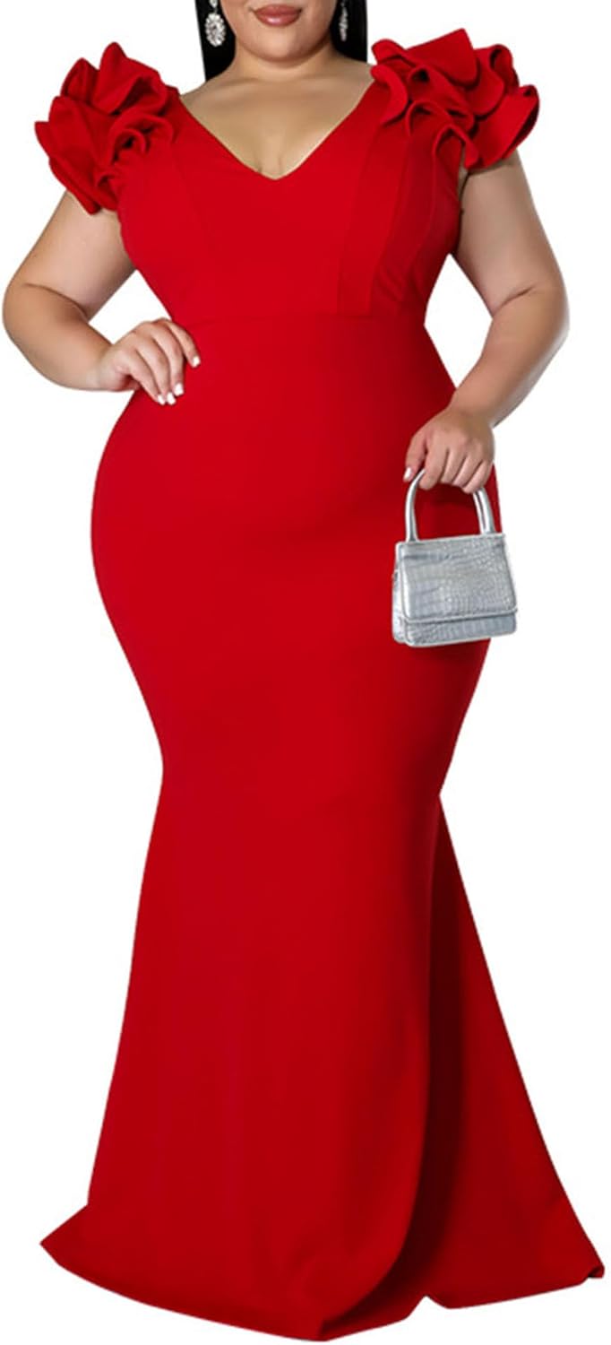 Elegant Plus Size Maxi Dress with Ruffle Sleeves for Women