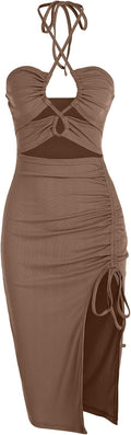 ZAFUL Women's Sleeveless Halter Midi Dress - Sexy Ruched Bodycon