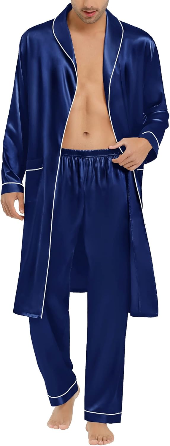 SWOMOG Men's Satin Robe Silky Kimono Bathrobe with Shorts Set