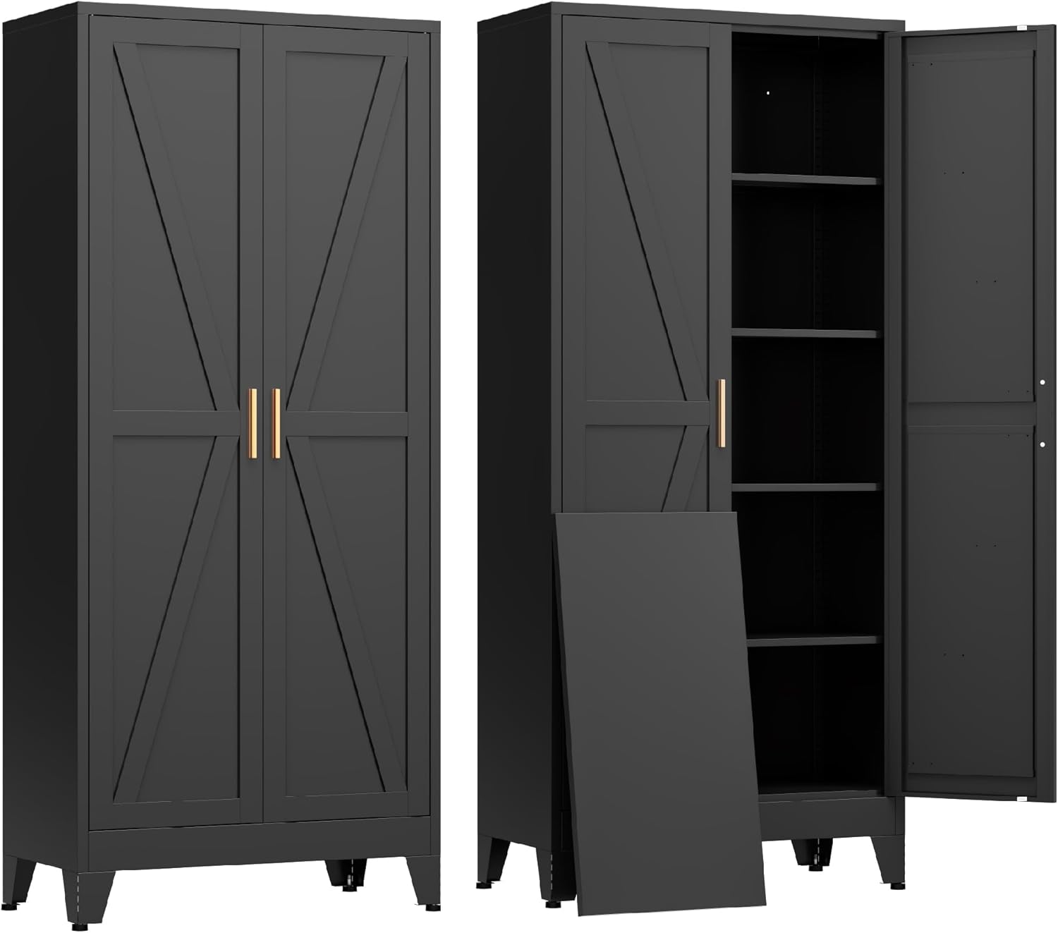 COFaR Black Farmhouse Storage Kitchen Pantry Cabinet with Barn Doors