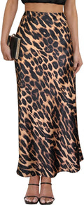 Women's Leopard Satin Maxi Skirt High Waisted Elastic Band - Summer