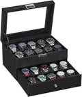 BEWISHOME Watch Box Organizer 20 Slots - Glass Top Carbon Fiber Case